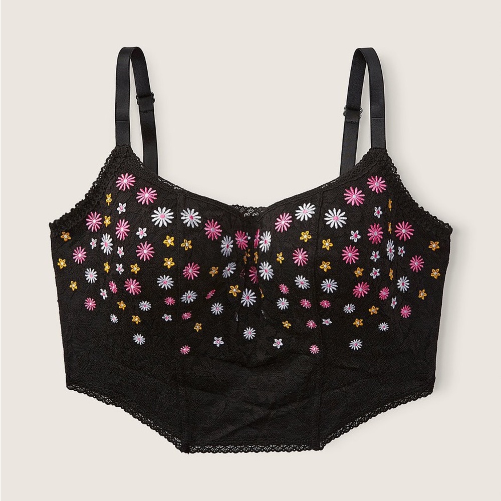 VS longline wireless lightly lined black floral bra. Size Large. Never worn